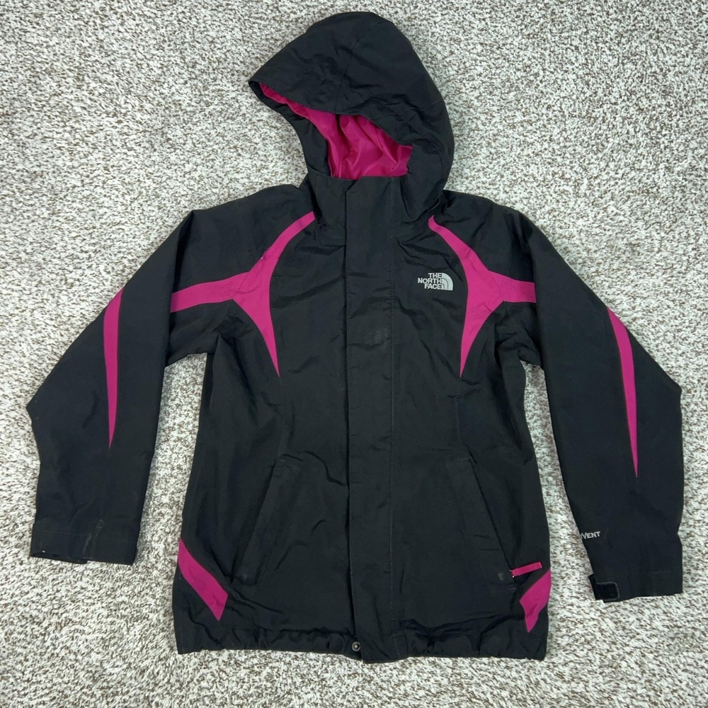 The North Face Jacket Girls Medium Black Pink HyVent Hooded Rain Coat Gorp Top